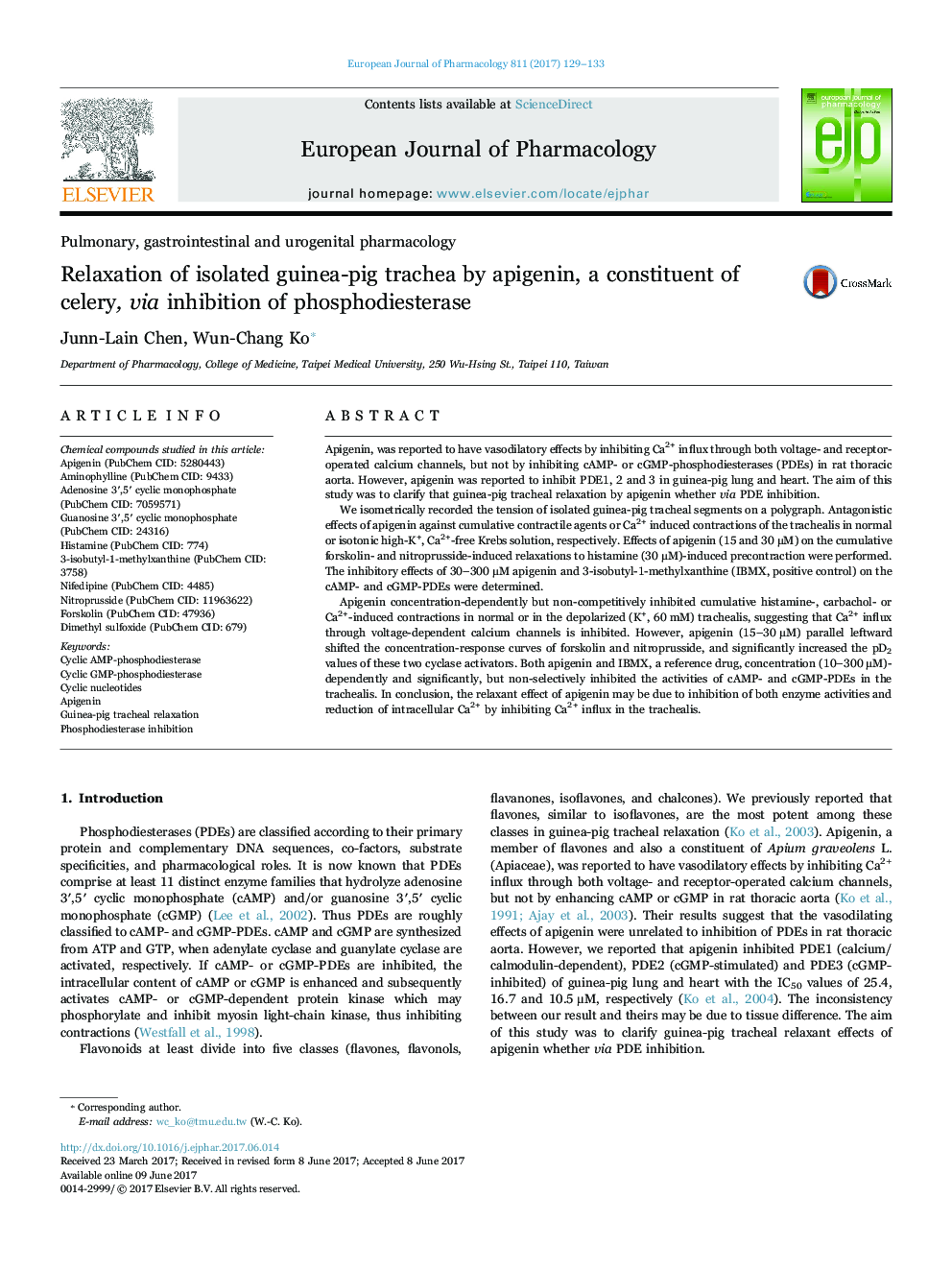 Relaxation of isolated guinea-pig trachea by apigenin, a constituent of celery, via inhibition of phosphodiesterase