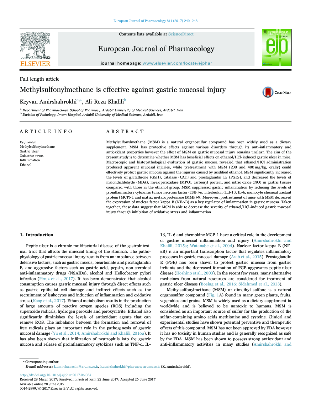 Methylsulfonylmethane is effective against gastric mucosal injury