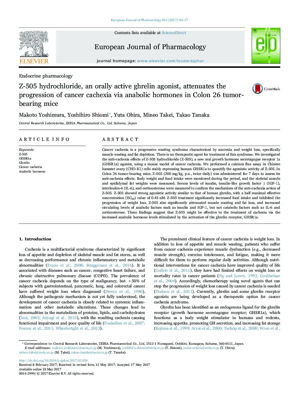 Z-505 hydrochloride, an orally active ghrelin agonist, attenuates the progression of cancer cachexia via anabolic hormones in Colon 26 tumor-bearing mice