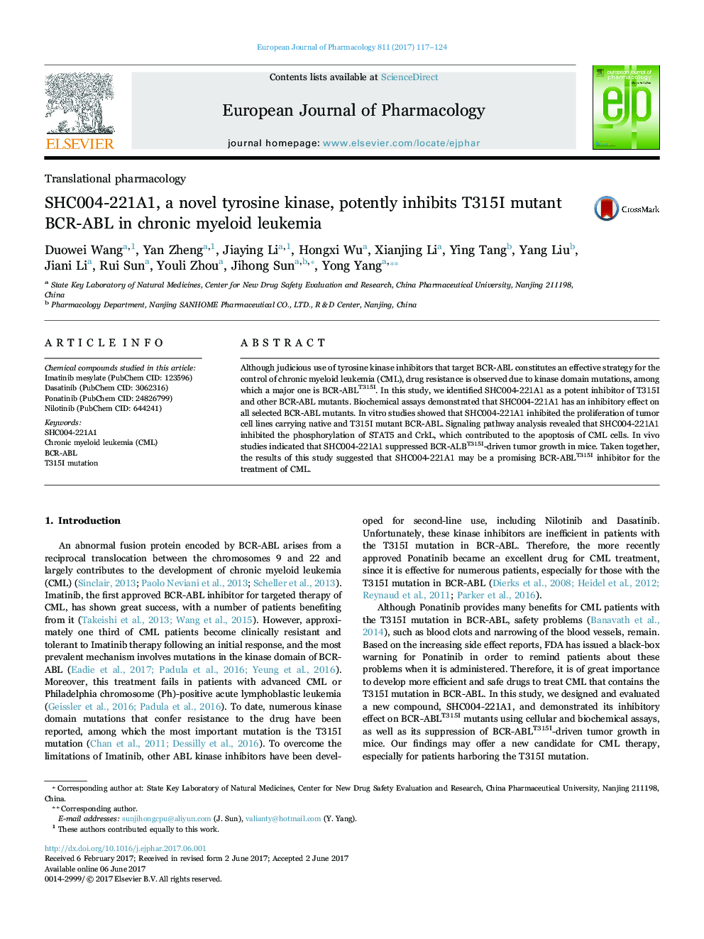 SHC004-221A1, a novel tyrosine kinase, potently inhibits T315I mutant BCR-ABL in chronic myeloid leukemia