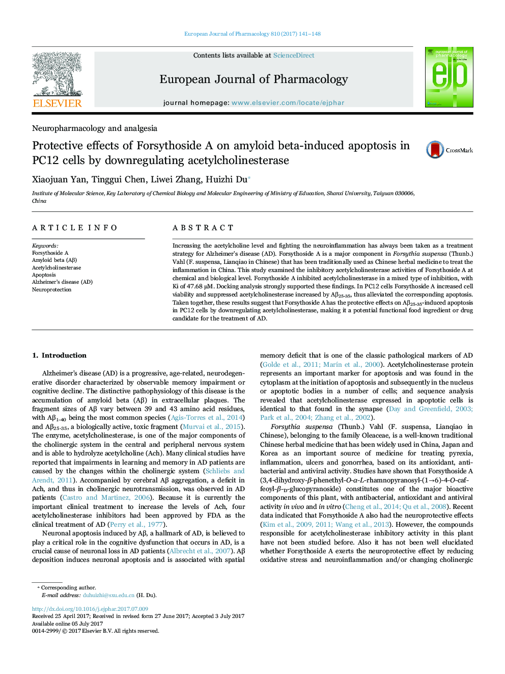 Protective effects of Forsythoside A on amyloid beta-induced apoptosis in PC12 cells by downregulating acetylcholinesterase