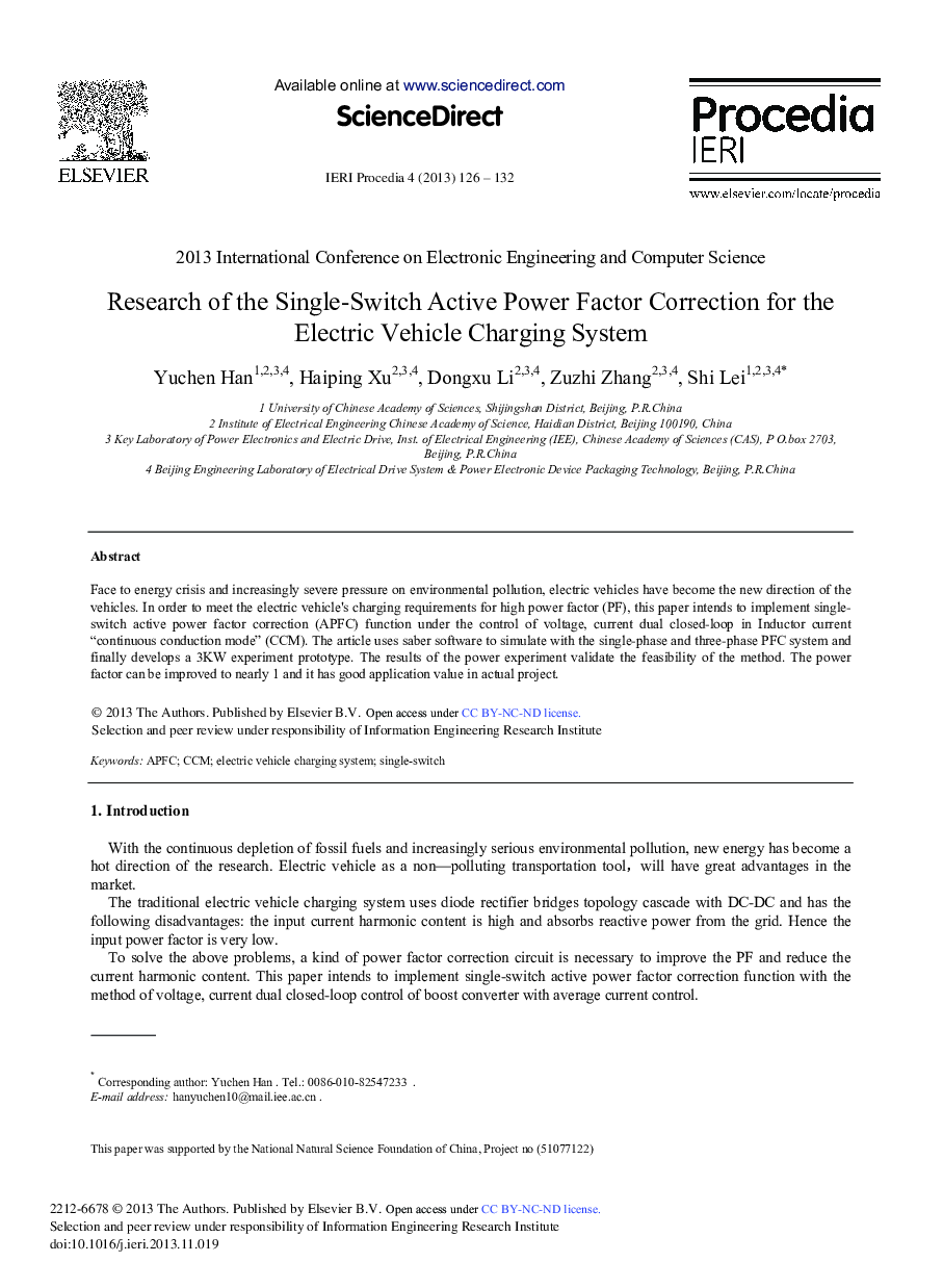 عکس صفحه اول مقاله: Research of the Single-switch Active Power Factor Correction for the Electric Vehicle Charging System Research of the Single-switch Active Power Factor Correction for the Electric Vehicle Charging System