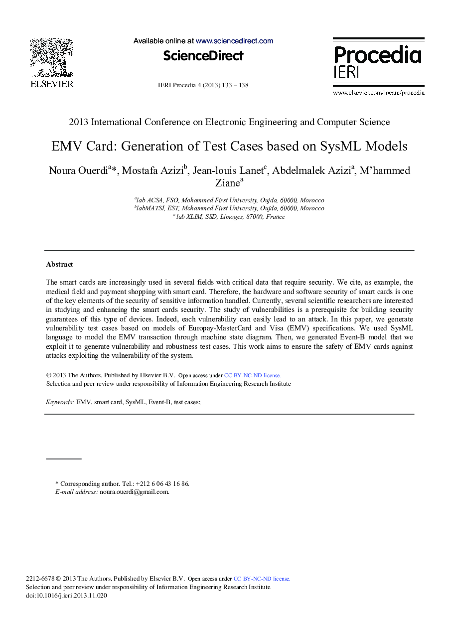 عکس صفحه اول مقاله: EMV Card: Generation of Test Cases based on SysML Models EMV Card: Generation of Test Cases based on SysML Models