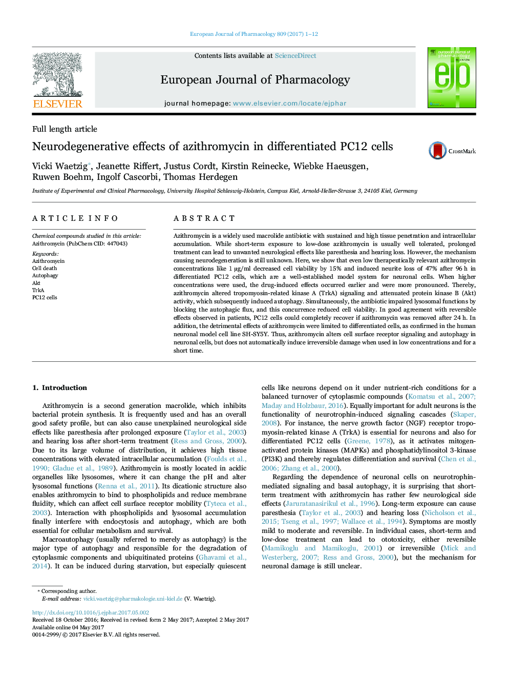 Neurodegenerative effects of azithromycin in differentiated PC12 cells