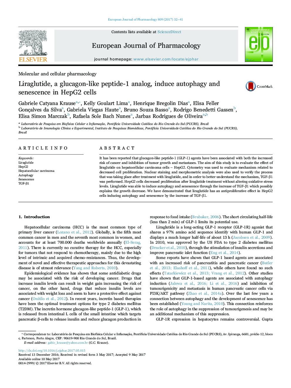 Liraglutide, a glucagon-like peptide-1 analog, induce autophagy and senescence in HepG2 cells