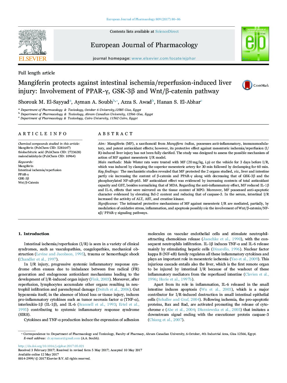 Mangiferin protects againstÂ â­intestinal ischemia/reperfusion-induced â­liver injury: â¬â¬Involvement of PPAR-â­Î³, GSK-3Î² and Wnt/Î²-catenin pathwayâ¬â¬â¬â¬â¬â¬â¬â¬â¬â¬â¬â¬â¬â¬â¬â¬â¬â¬â¬â¬â¬â¬â¬â¬â¬â¬â¬â¬â¬â¬â¬â¬â¬