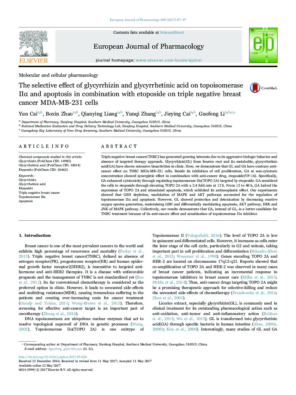 The selective effect of glycyrrhizin and glycyrrhetinic acid on topoisomerase IIÎ± and apoptosis in combination with etoposide on triple negative breast cancer MDA-MB-231 cells