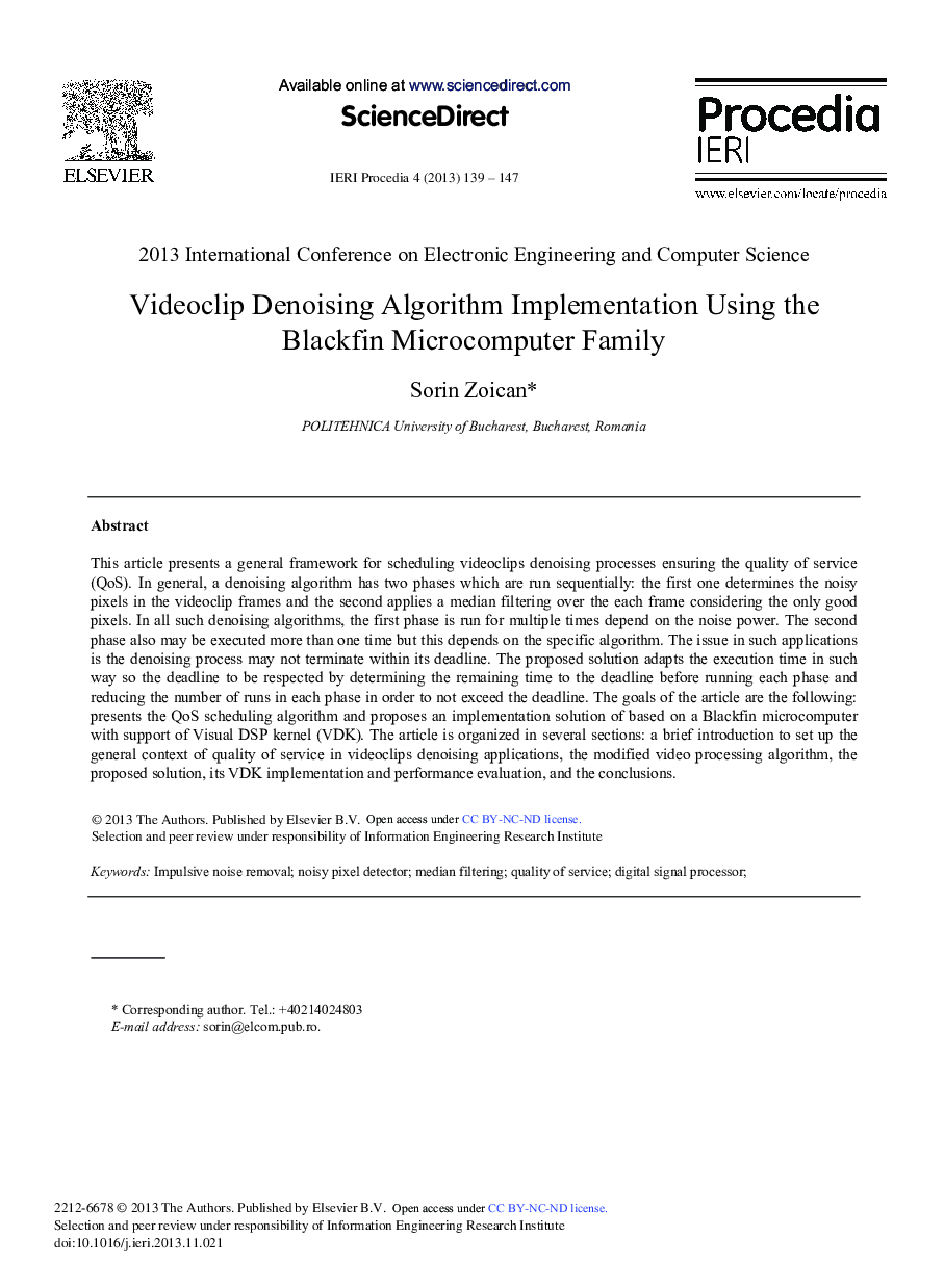 عکس صفحه اول مقاله: Videoclip Denoising Algorithm Implementation Using the Blackfin Microcomputer Family Videoclip Denoising Algorithm Implementation Using the Blackfin Microcomputer Family