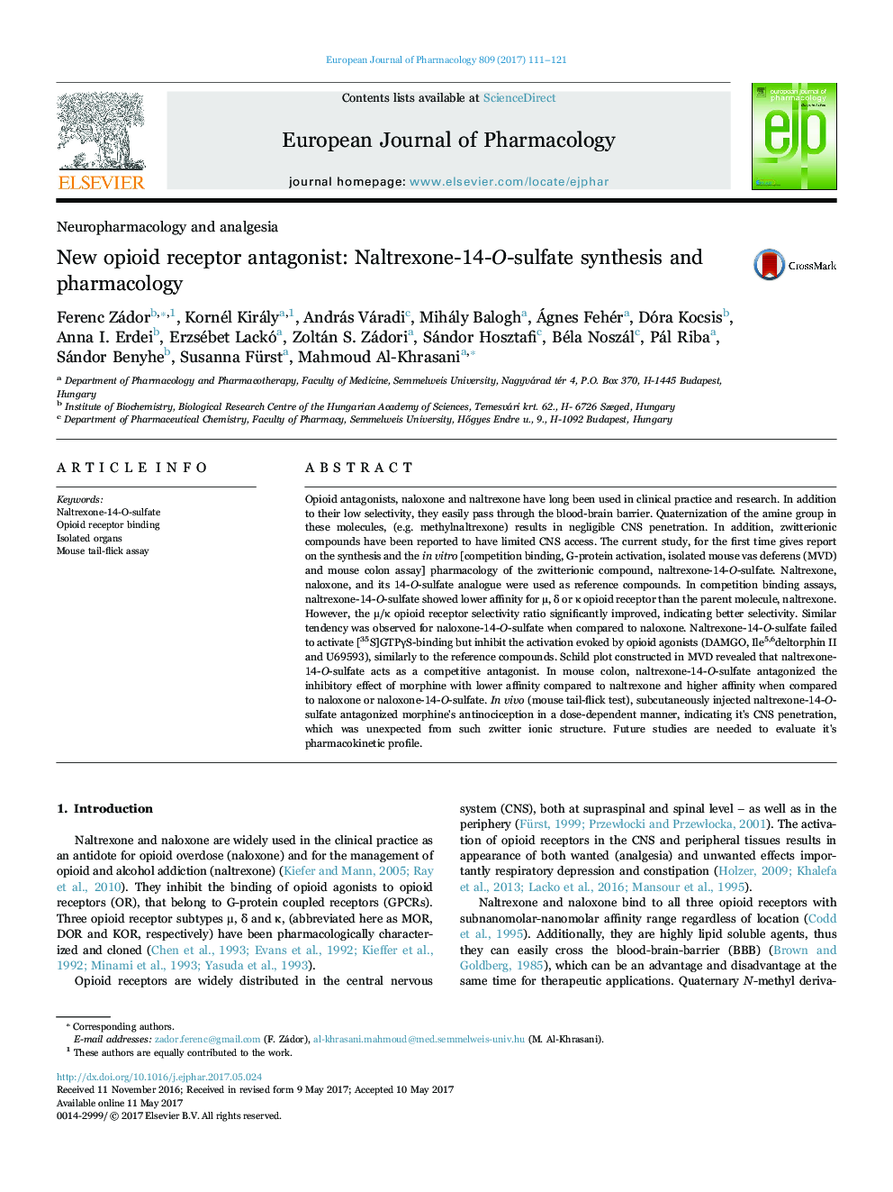 New opioid receptor antagonist: Naltrexone-14-O-sulfate synthesis and pharmacology