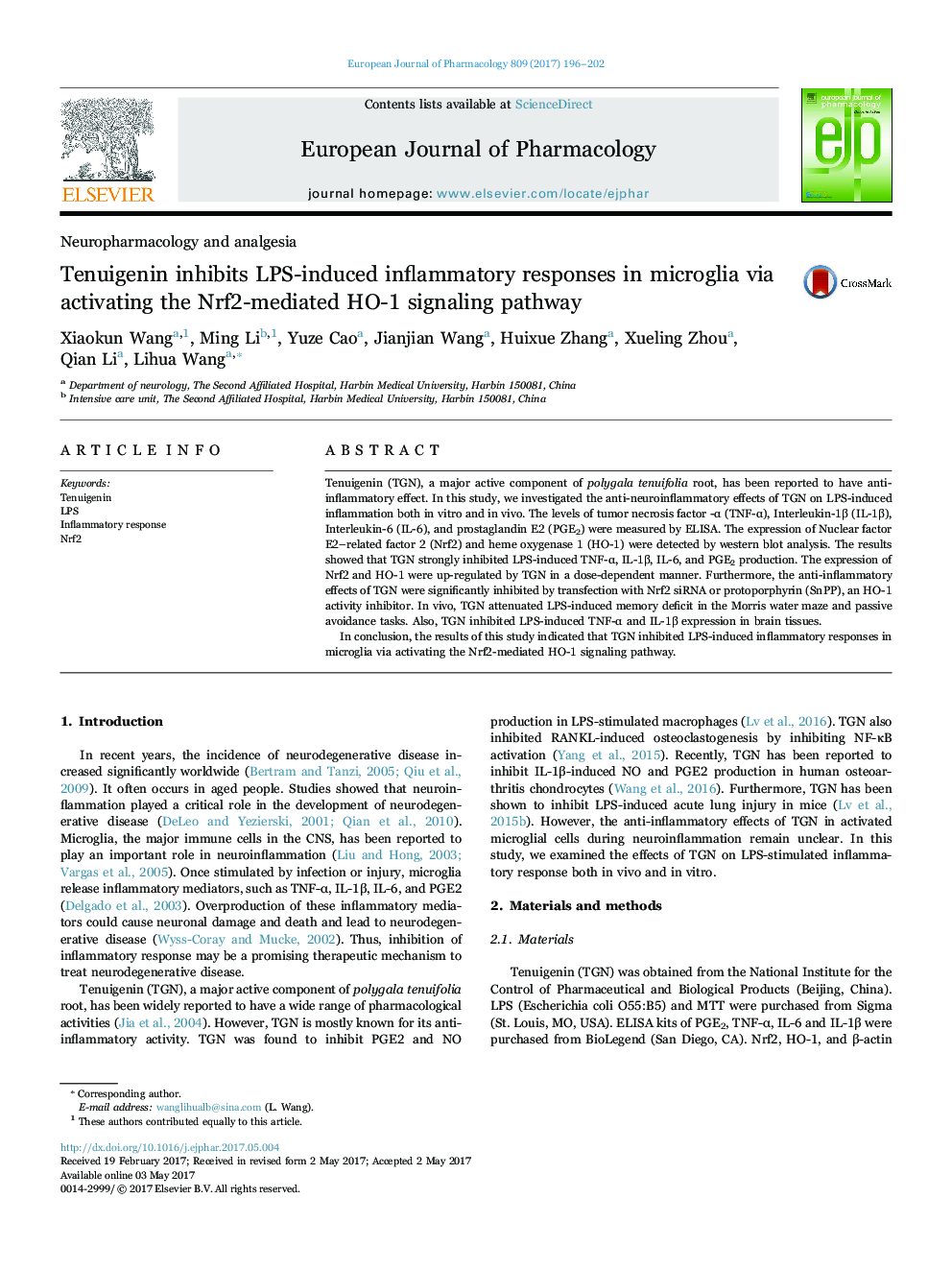 Tenuigenin inhibits LPS-induced inflammatory responses in microglia via activating the Nrf2-mediated HO-1 signaling pathway