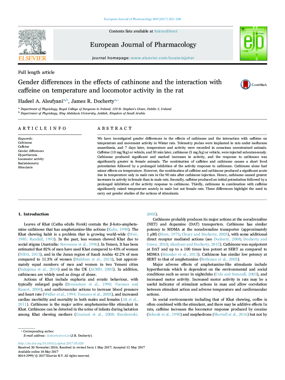 Gender differences in the effects of cathinone and the interaction with caffeine on temperature and locomotor activity in the rat