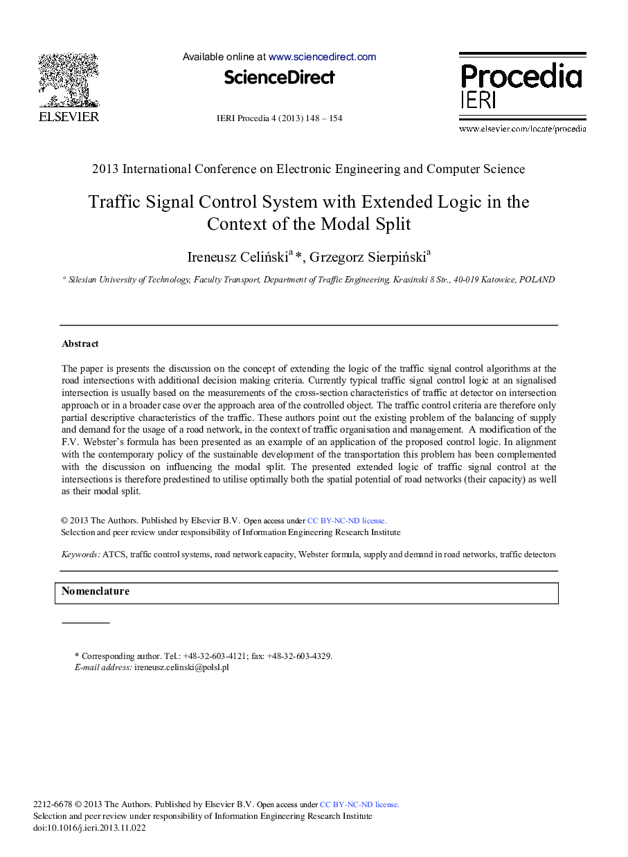 عکس صفحه اول مقاله: Traffic Signal Control System with Extended Logic in the Context of the Modal Split Traffic Signal Control System with Extended Logic in the Context of the Modal Split