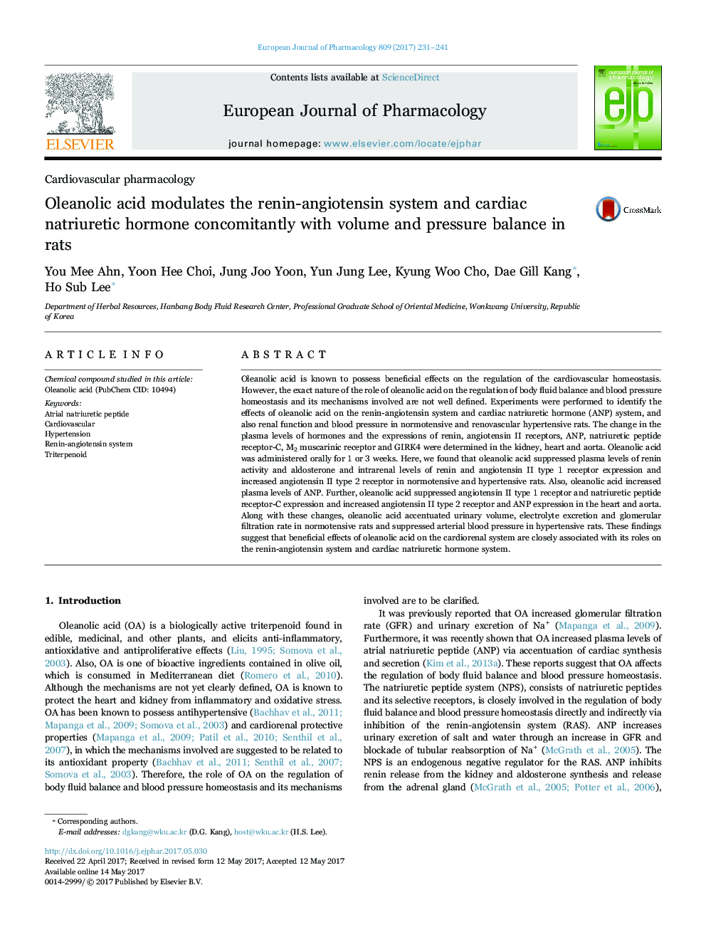 Oleanolic acid modulates the renin-angiotensin system and cardiac natriuretic hormone concomitantly with volume and pressure balance in rats