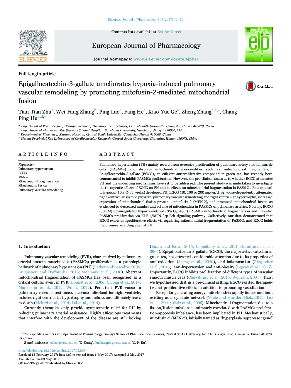 Epigallocatechin-3-gallate ameliorates hypoxia-induced pulmonary vascular remodeling by promoting mitofusin-2-mediated mitochondrial fusion