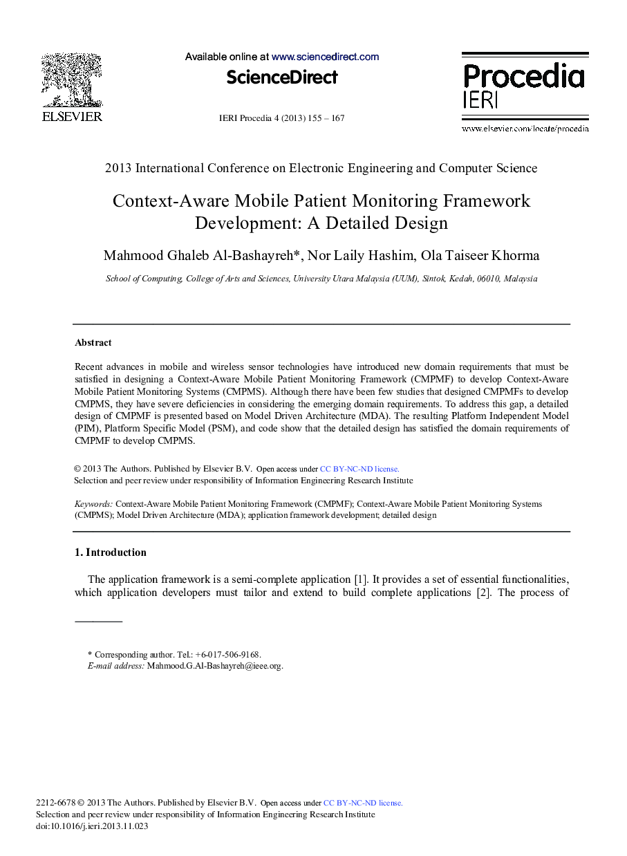 عکس صفحه اول مقاله: Context-Aware Mobile Patient Monitoring Framework Development: A Detailed Design Context-Aware Mobile Patient Monitoring Framework Development: A Detailed Design