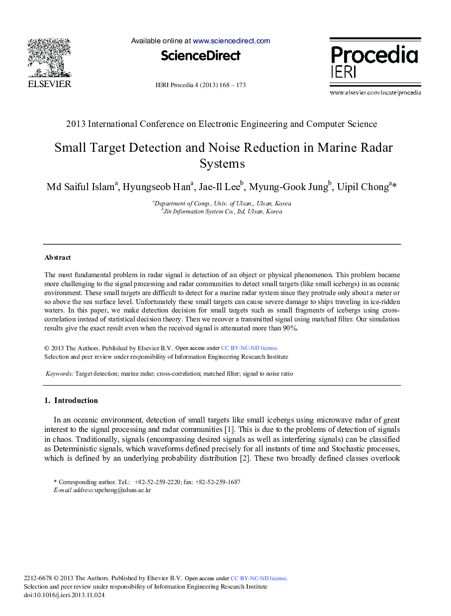 عکس صفحه اول مقاله: Small Target Detection and Noise Reduction in Marine Radar Systems Small Target Detection and Noise Reduction in Marine Radar Systems