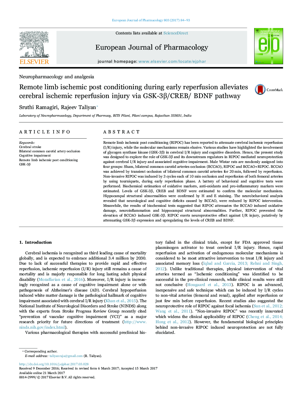 Remote limb ischemic post conditioning during early reperfusion alleviates cerebral ischemic reperfusion injury via GSK-3Î²/CREB/ BDNF pathway