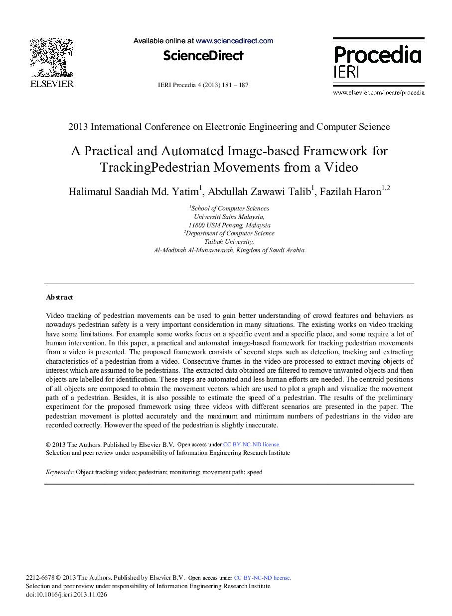 A Practical and Automated Image-based Framework for TrackingPedestrian Movements from a Video 
