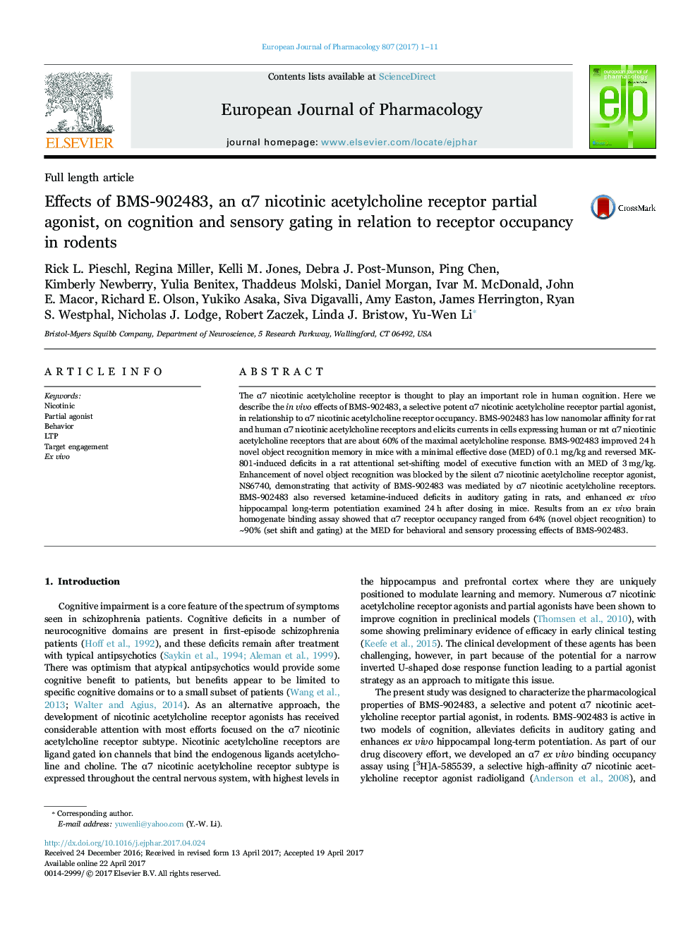 Effects of BMS-902483, an Î±7 nicotinic acetylcholine receptor partial agonist, on cognition and sensory gating in relation to receptor occupancy in rodents