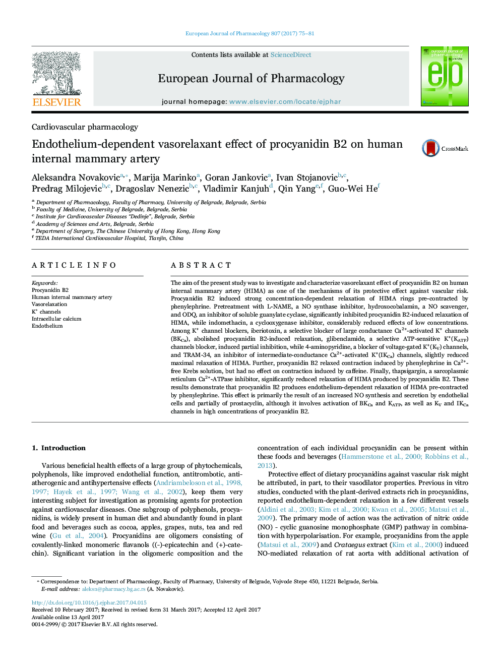 Endothelium-dependent vasorelaxant effect of procyanidin B2 on human internal mammary artery