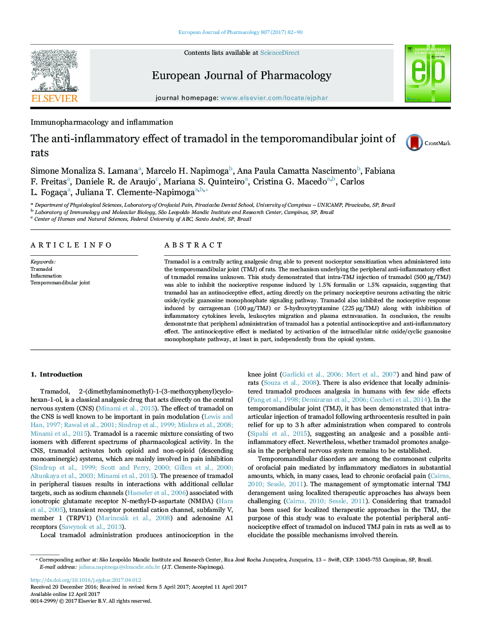 The anti-inflammatory effect of tramadol in the temporomandibular joint of rats