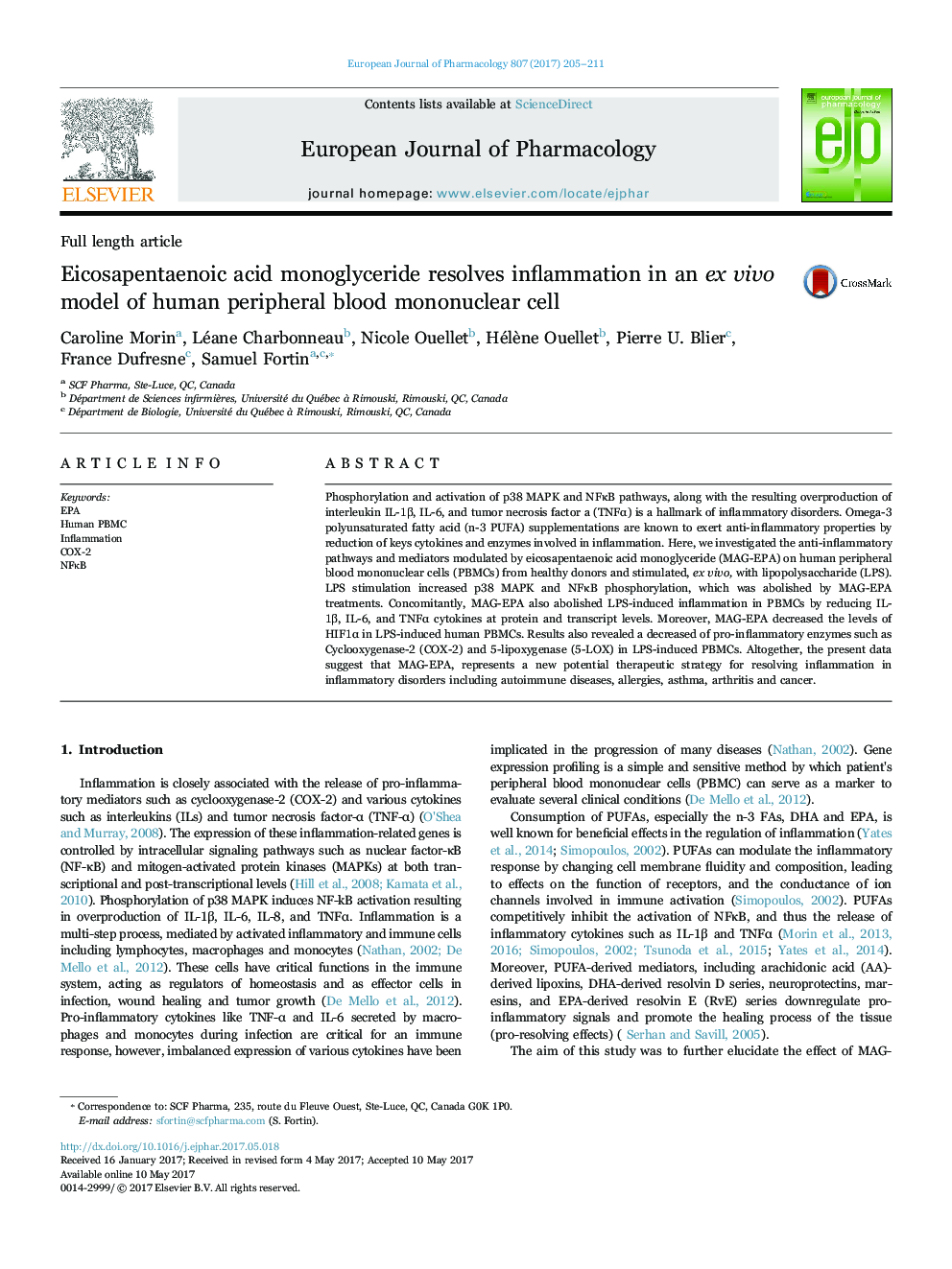 Eicosapentaenoic acid monoglyceride resolves inflammation in an ex vivo model of human peripheral blood mononuclear cell