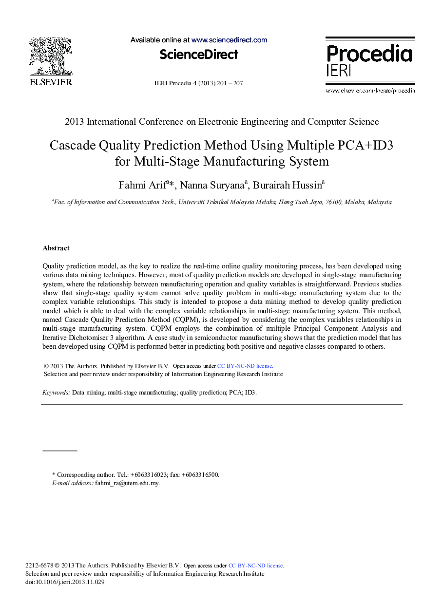 عکس صفحه اول مقاله: Cascade Quality Prediction Method Using Multiple PCA+ID3 for Multi-Stage Manufacturing System Cascade Quality Prediction Method Using Multiple PCA+ID3 for Multi-Stage Manufacturing System