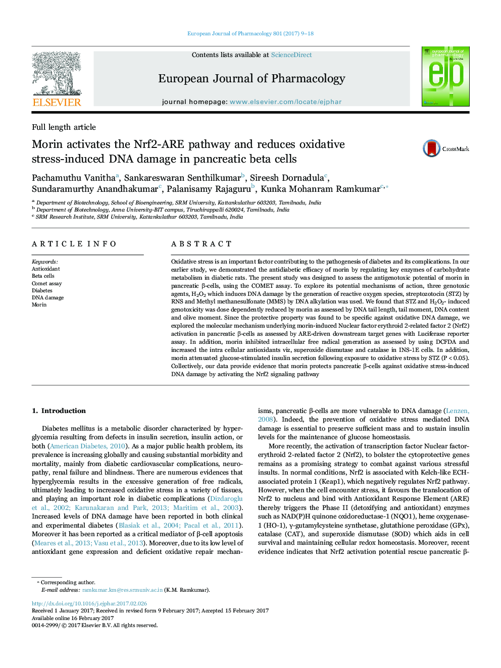 Morin activates the Nrf2-ARE pathway and reduces oxidative stress-induced DNA damage in pancreatic beta cells