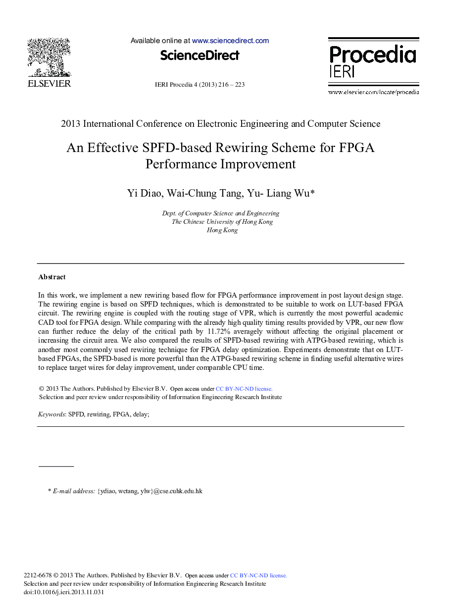 عکس صفحه اول مقاله: An Effective SPFD-based Rewiring Scheme for FPGA Performance Improvement An Effective SPFD-based Rewiring Scheme for FPGA Performance Improvement