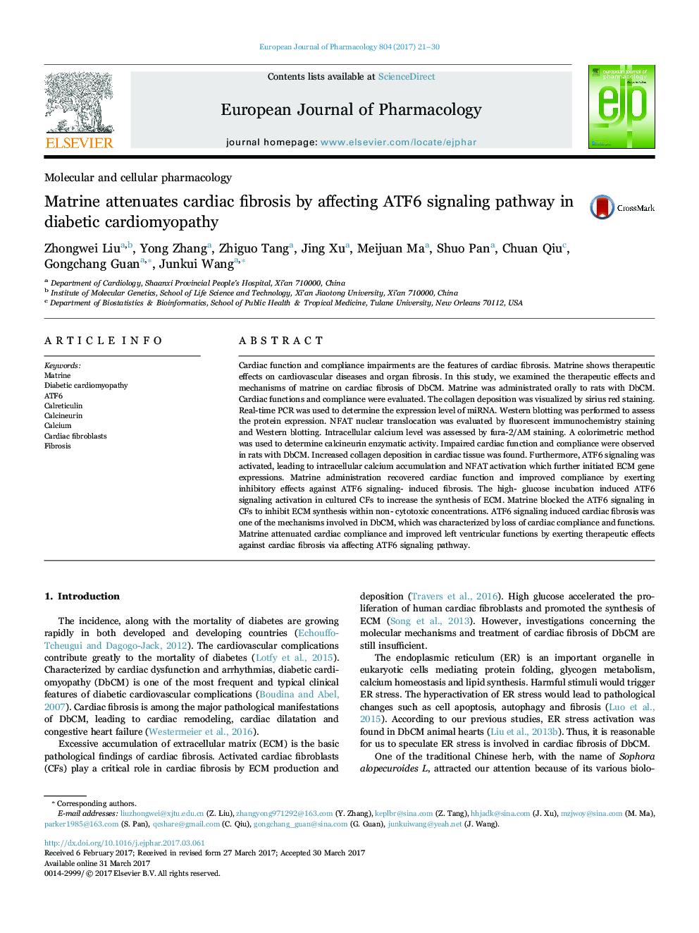 Matrine attenuates cardiac fibrosis by affecting ATF6 signaling pathway in diabetic cardiomyopathy