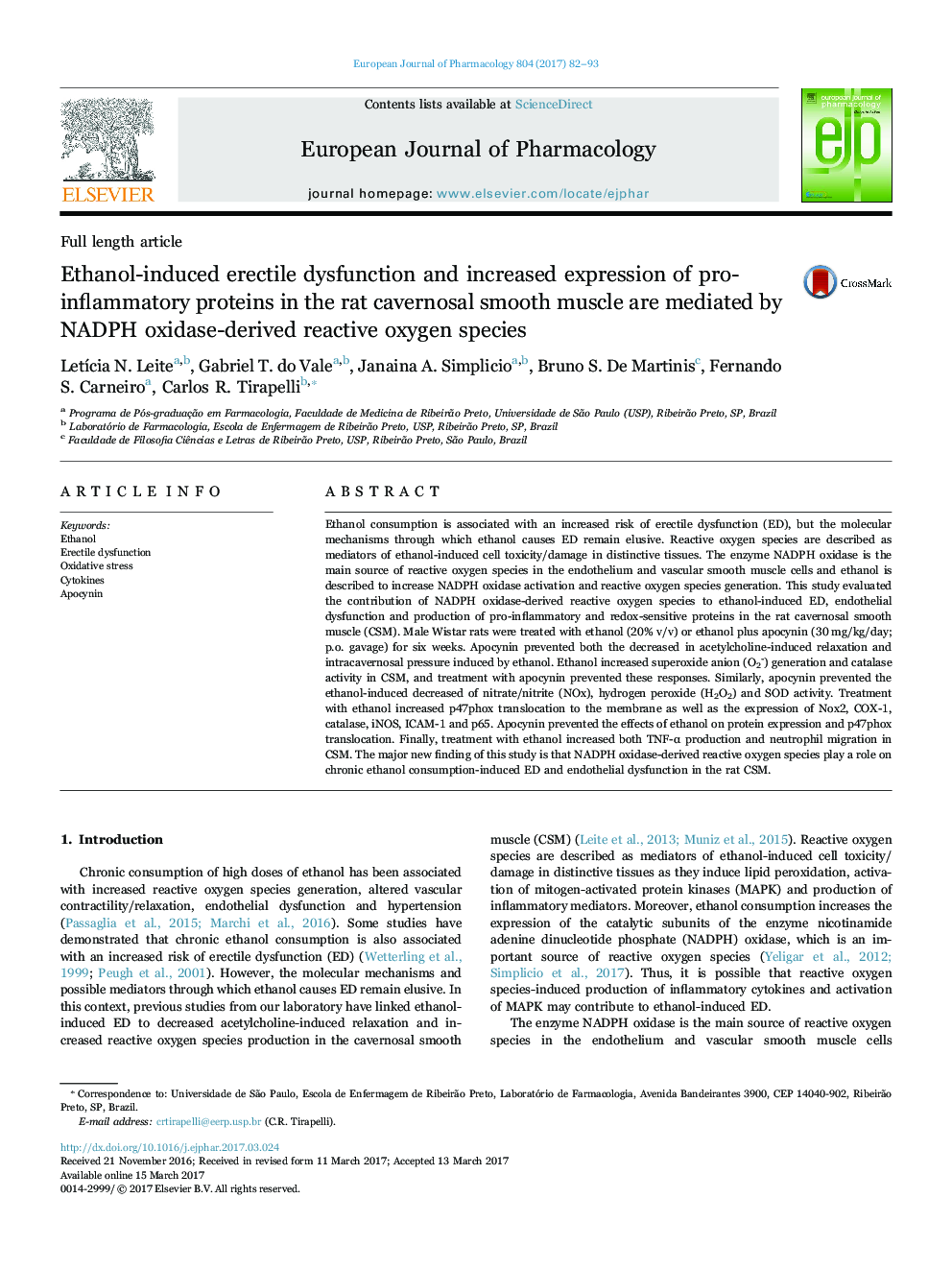 Ethanol-induced erectile dysfunction and increased expression of pro-inflammatory proteins in the rat cavernosal smooth muscle are mediated by NADPH oxidase-derived reactive oxygen species