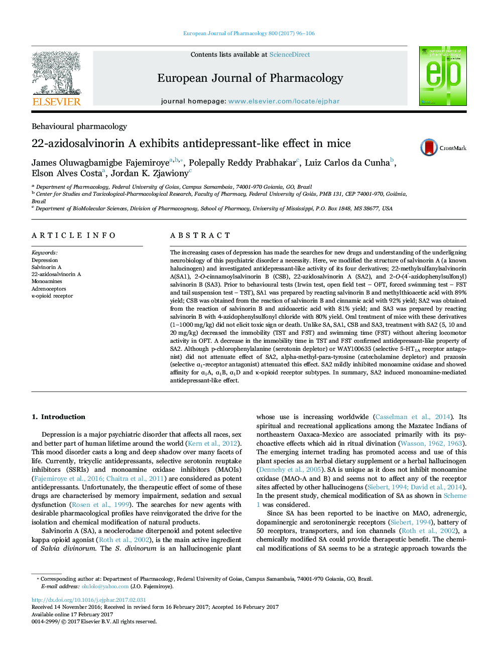 22-azidosalvinorin A exhibits antidepressant-like effect in mice