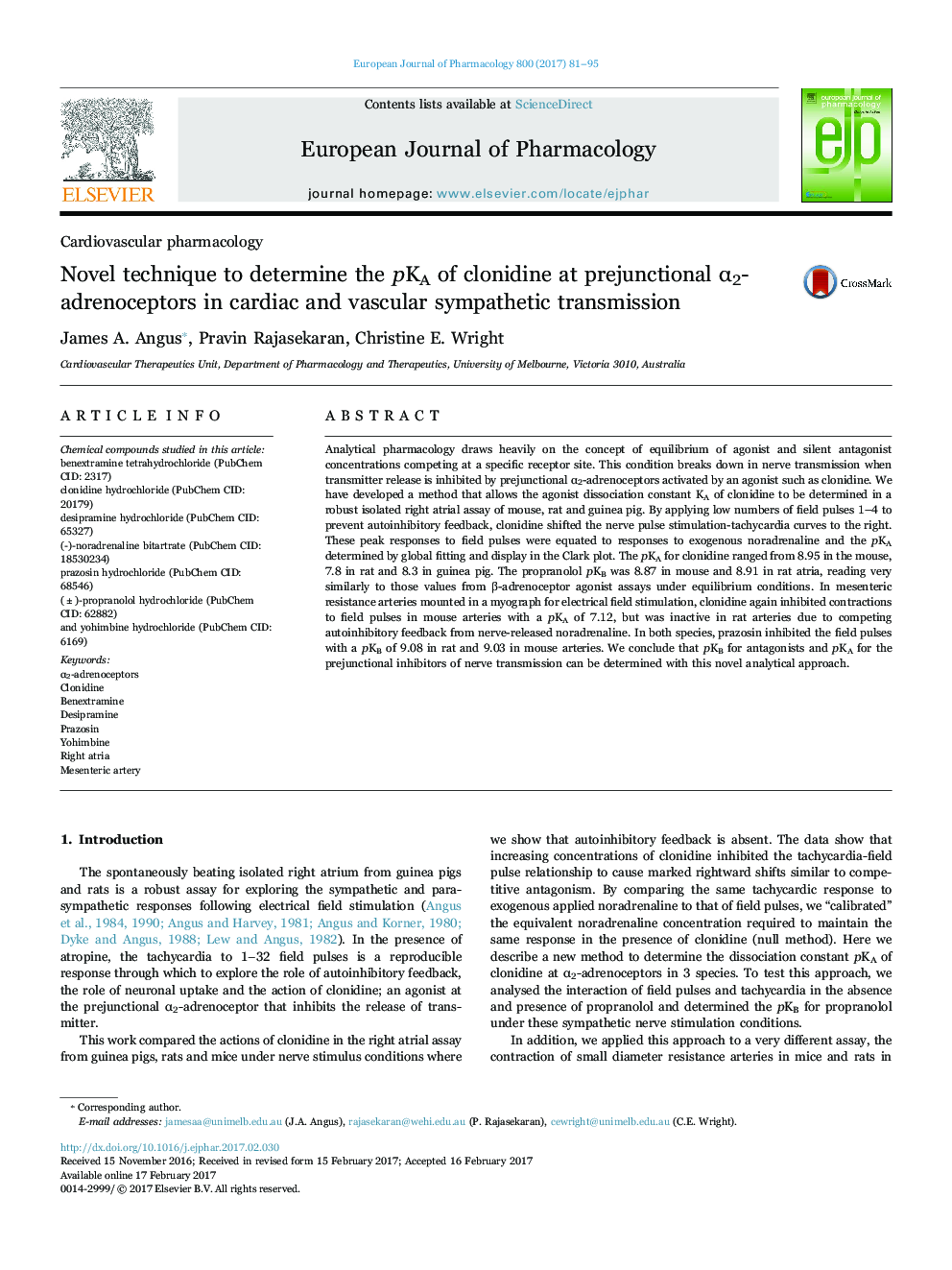 Novel technique to determine the pKA of clonidine at prejunctional Î±2-adrenoceptors in cardiac and vascular sympathetic transmission