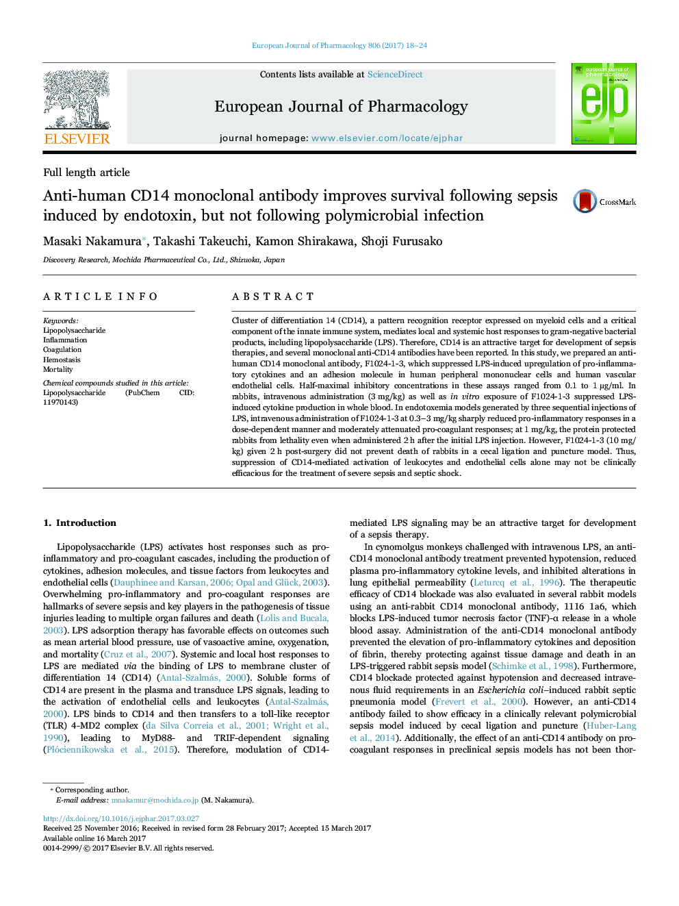 Anti-human CD14 monoclonal antibody improves survival following sepsis induced by endotoxin, but not following polymicrobial infection