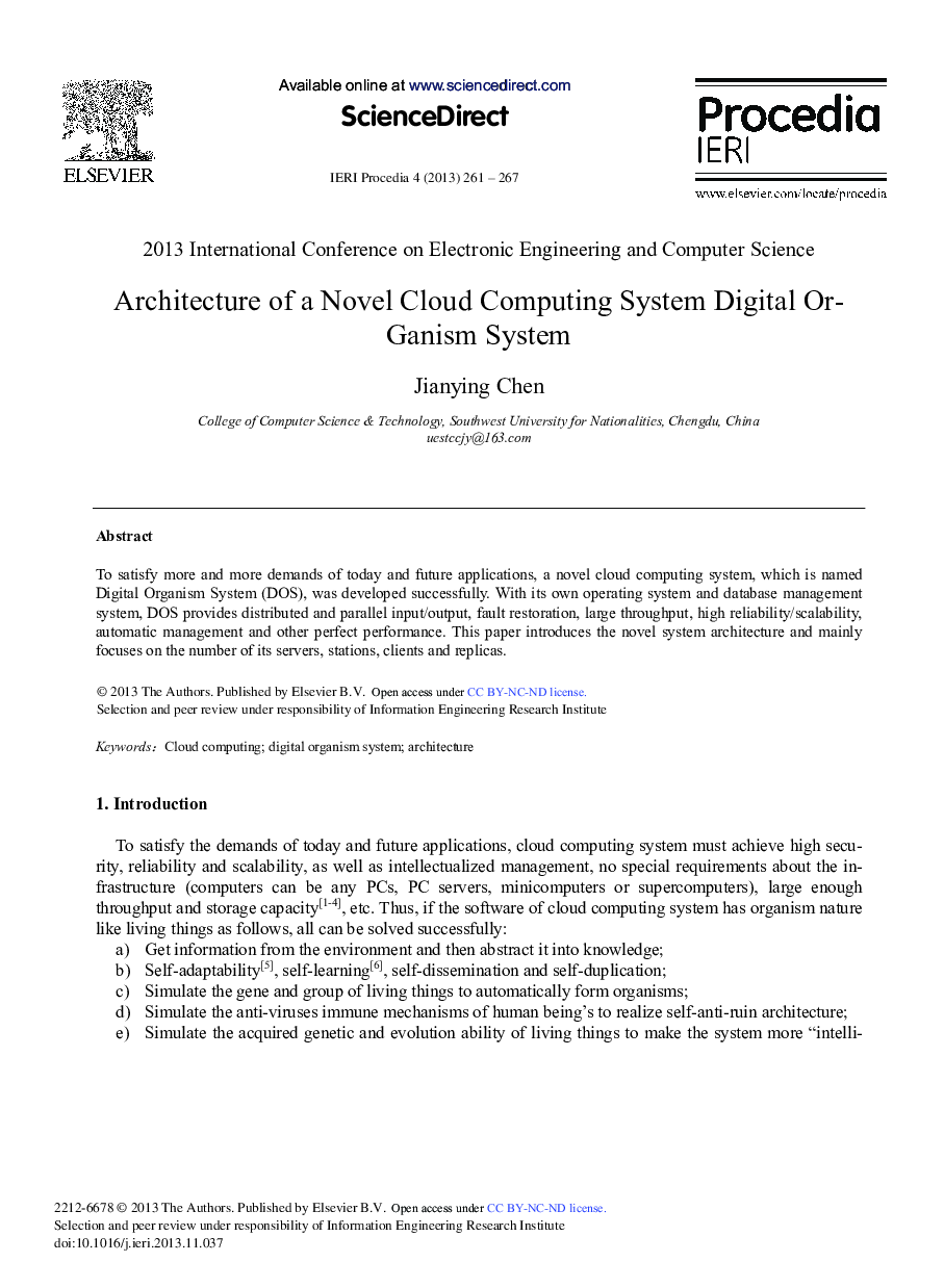 Architecture of a Novel Cloud Computing System Digital Or-ganism System 