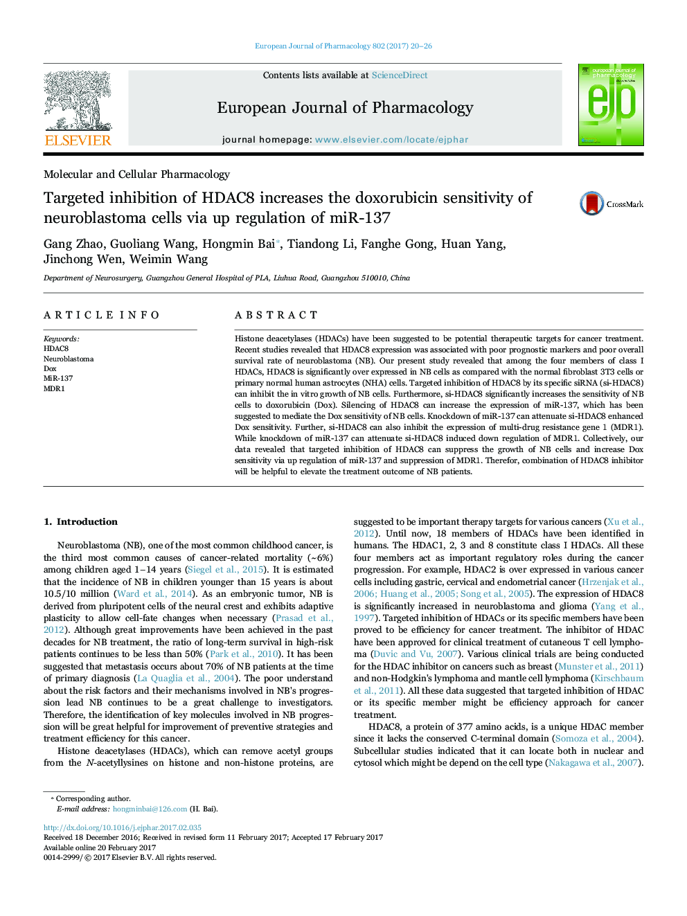 Targeted inhibition of HDAC8 increases the doxorubicin sensitivity of neuroblastoma cells via up regulation of miR-137