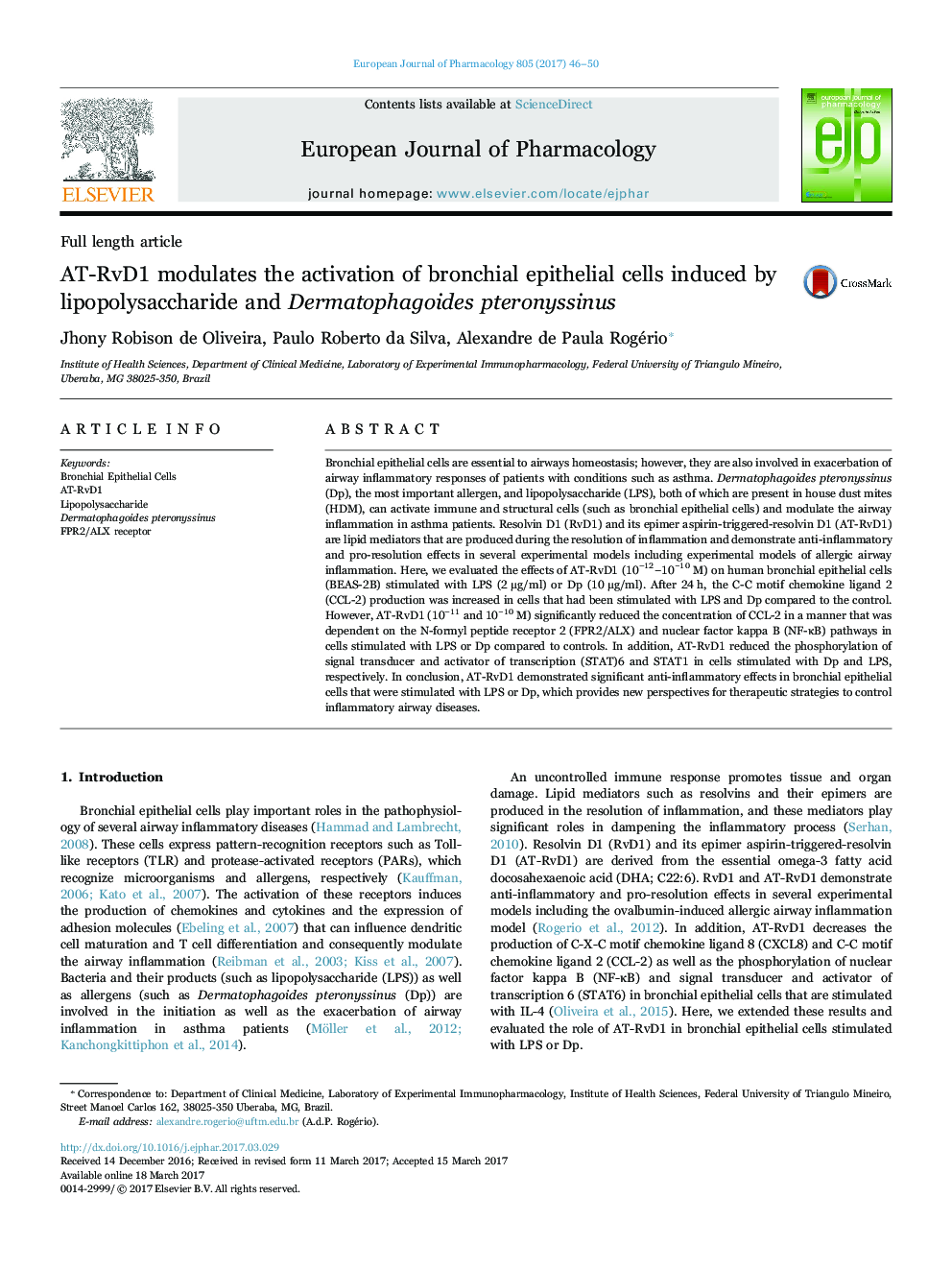 AT-RvD1 modulates the activation of bronchial epithelial cells induced by lipopolysaccharide and Dermatophagoides pteronyssinus