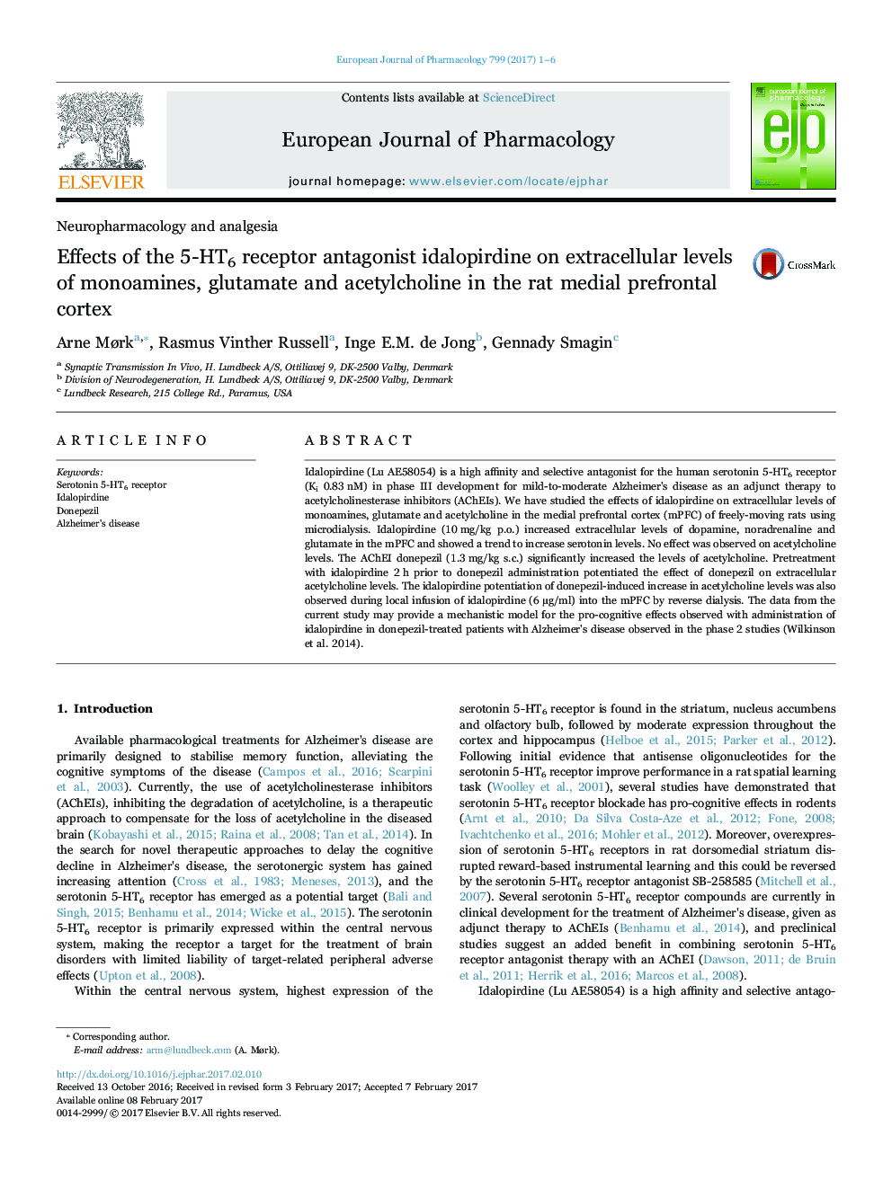 Effects of the 5-HT6 receptor antagonist idalopirdine on extracellular levels of monoamines, glutamate and acetylcholine in the rat medial prefrontal cortex