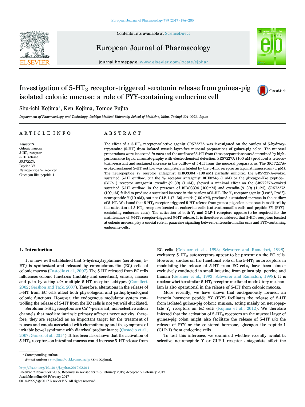 Investigation of 5-HT3 receptor-triggered serotonin release from guinea-pig isolated colonic mucosa: a role of PYY-containing endocrine cell