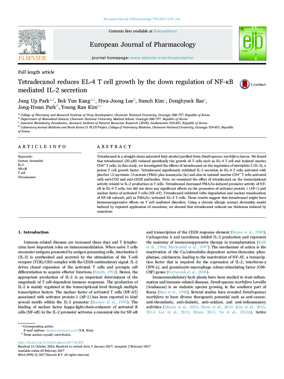 Tetradecanol reduces EL-4 T cell growth by the down regulation of NF-ÎºB mediated IL-2 secretion