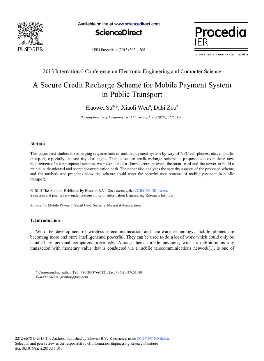 عکس صفحه اول مقاله: A Secure Credit Recharge Scheme for Mobile Payment System in Public Transport A Secure Credit Recharge Scheme for Mobile Payment System in Public Transport
