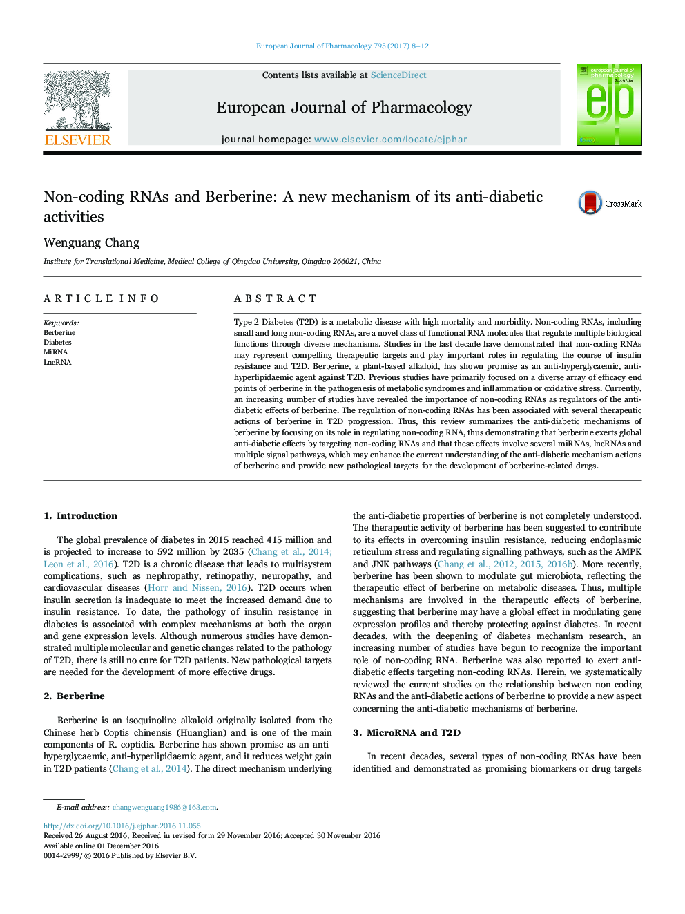 Non-coding RNAs and Berberine: A new mechanism of its anti-diabetic activities