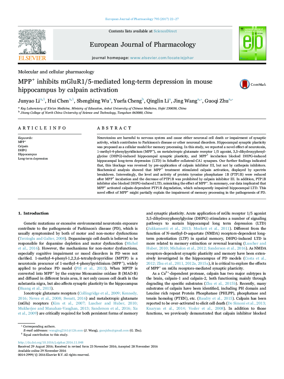 MPP+ inhibits mGluR1/5-mediated long-term depression in mouse hippocampus by calpain activation