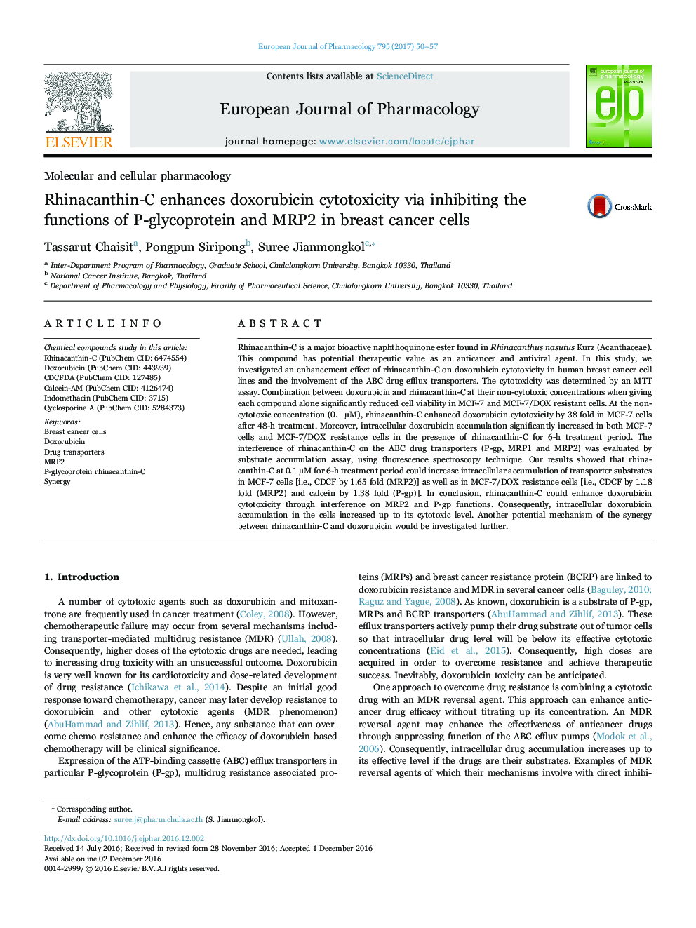 Rhinacanthin-C enhances doxorubicin cytotoxicity via inhibiting the functions of P-glycoprotein and MRP2 in breast cancer cells