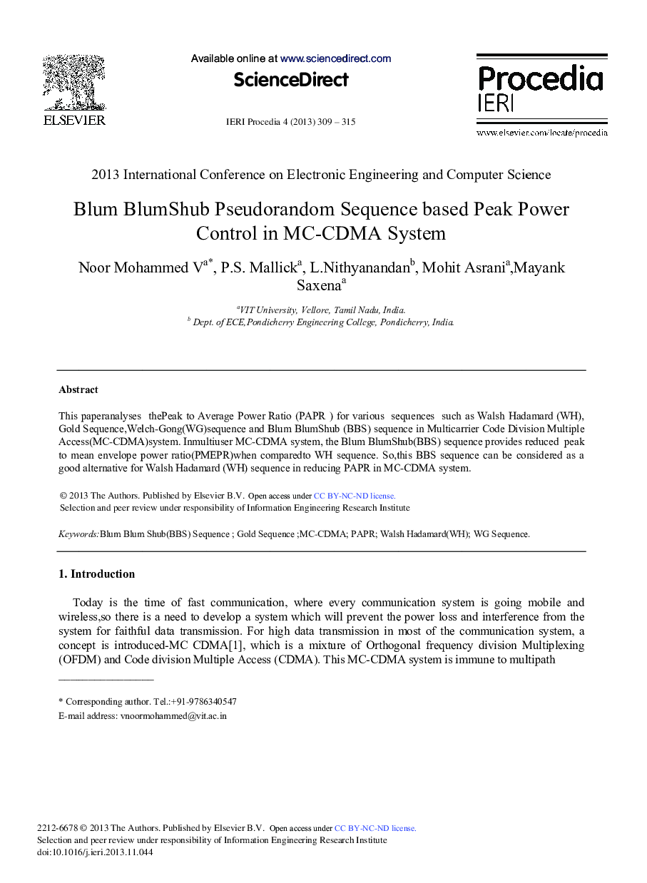 عکس صفحه اول مقاله: Blum BlumShub Pseudorandom Sequence based Peak Power Control in MC-CDMA System Blum BlumShub Pseudorandom Sequence based Peak Power Control in MC-CDMA System