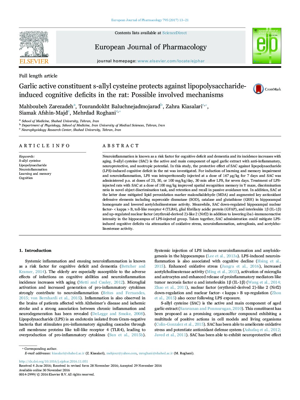 Garlic active constituent s-allyl cysteine protects against lipopolysaccharide-induced cognitive deficits in the rat: Possible involved mechanisms