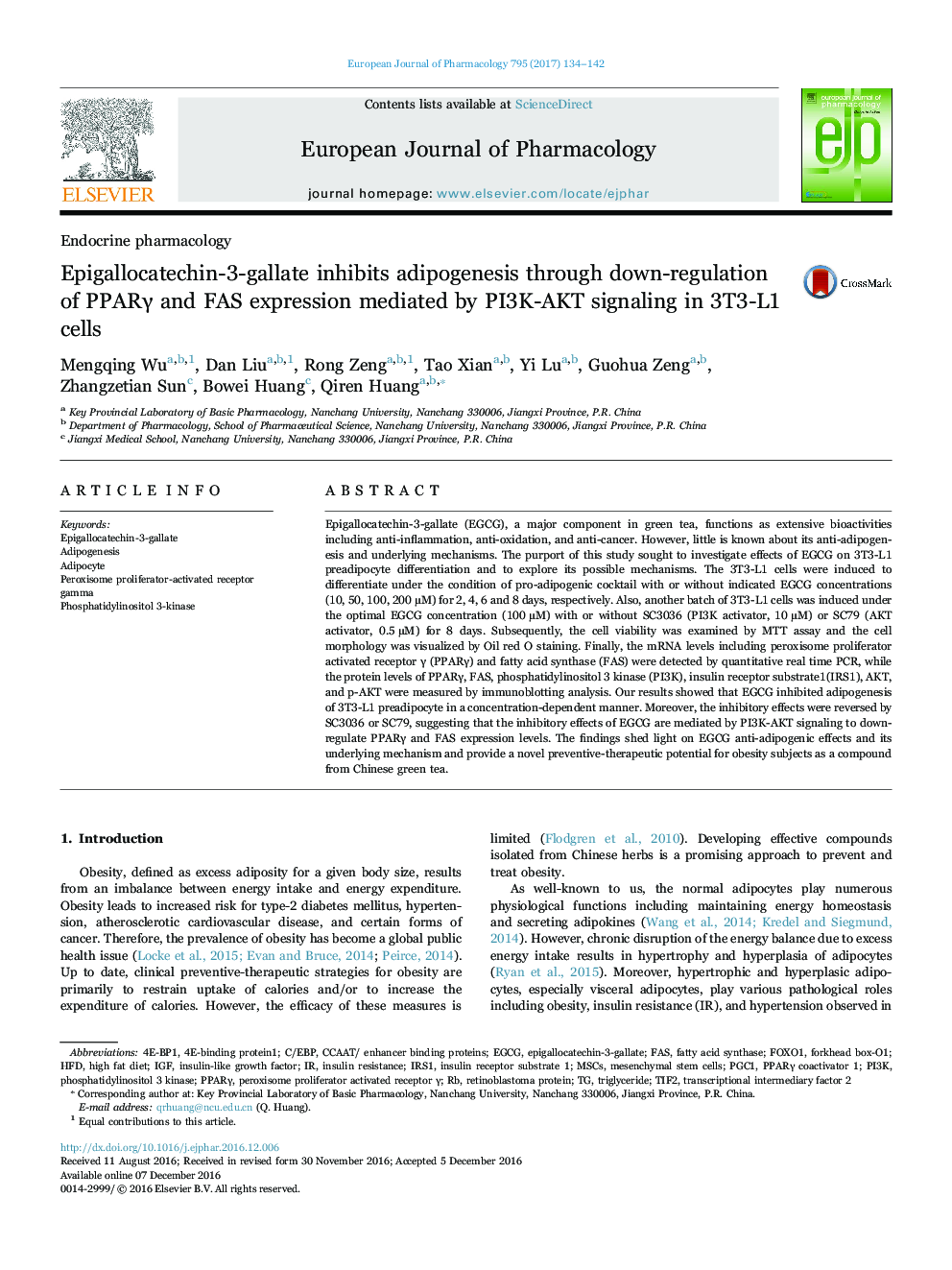 Epigallocatechin-3-gallate inhibits adipogenesis through down-regulation of PPARÎ³ and FAS expression mediated by PI3K-AKT signaling in 3T3-L1 cells