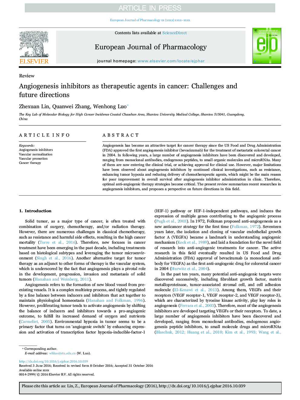 Angiogenesis inhibitors as therapeutic agents in cancer: Challenges and future directions