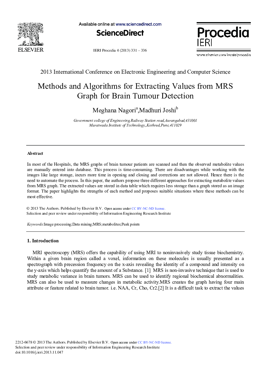 Methods and Algorithms for Extracting Values from MRS Graph for Brain Tumour Detection 