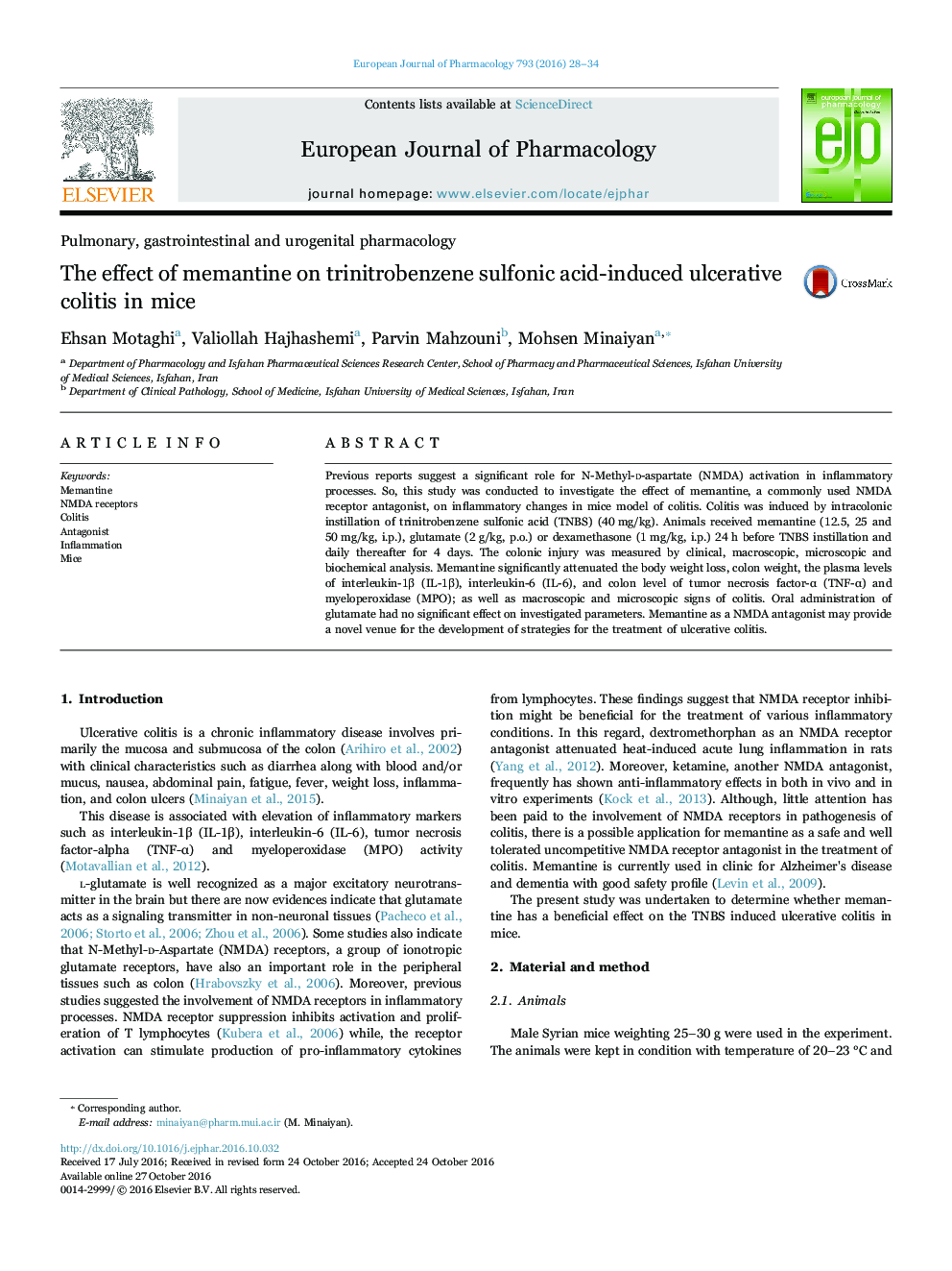 The effect of memantine on trinitrobenzene sulfonic acid-induced ulcerative colitis in mice